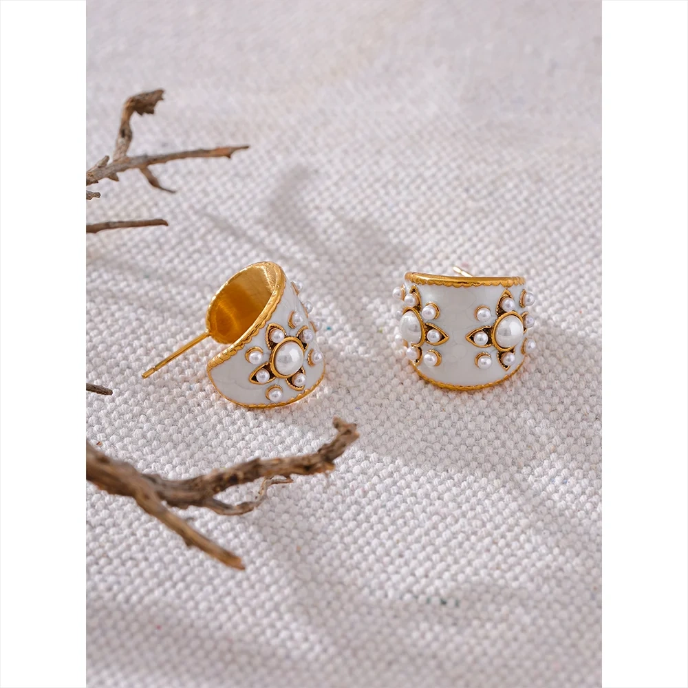 PoisedMe Exquisite Imitation Pearls White Enamel Metal Stainless Steel Flower Geometric Earrings Chic Daily Fashion Jewelry New -