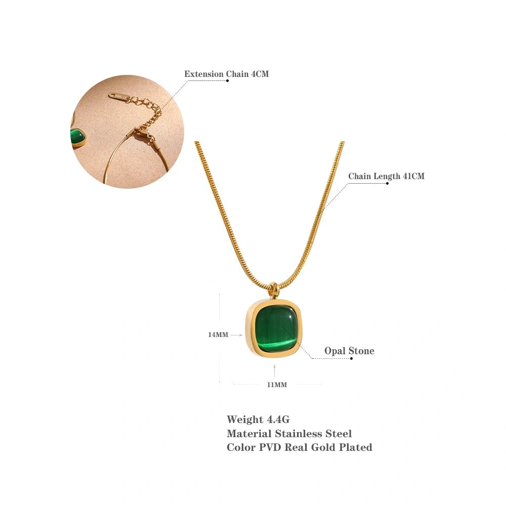 Square Green Opal Stone Pendant Drop Dangle Necklace for Women Charm Jewelry Minimalist Geometric Stainless Steel Necklace by PoisedMe