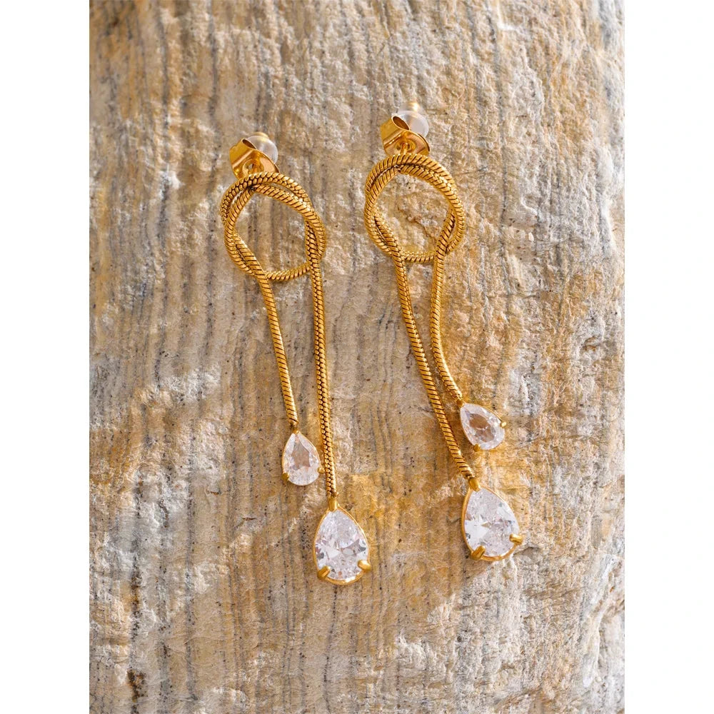 “Aurora” Tassel Drop Earrings – Gold Stainless Steel with Cubic Zirconia Crystals | Modern Geometric Dangle Jewelry by PoisedMe