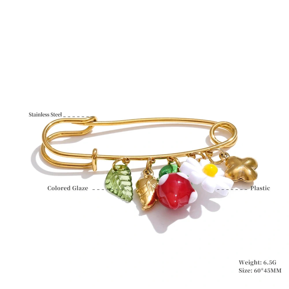 1Pcs Fashion Plastic Strawberry Fruit Heart Flower Shell Drop Charm Clasp Pin 18K Golden Plated Stainless Steel Jewelry by PoisedMe