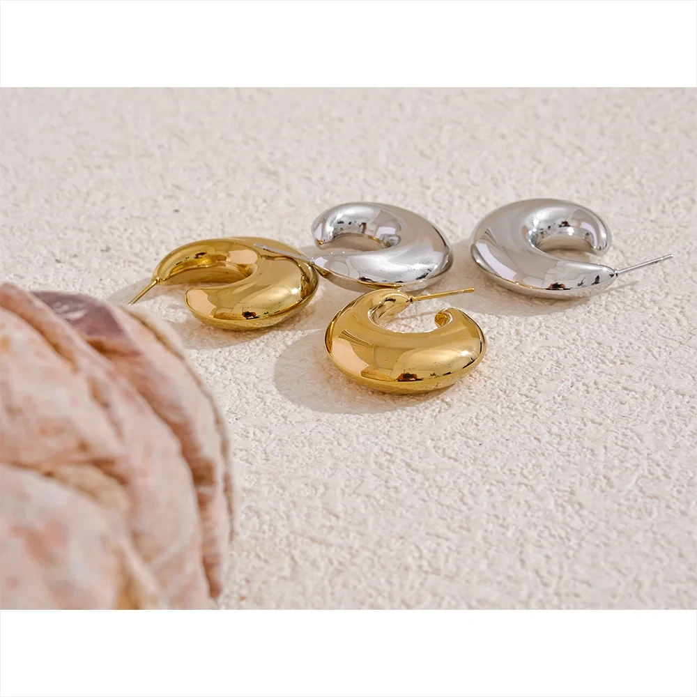 Fashion Smooth Stainless Steel Metal C-Shape Chunky Earrings for Women 18K Plated Waterproof Charm Statement Jewelry by PoisedMe