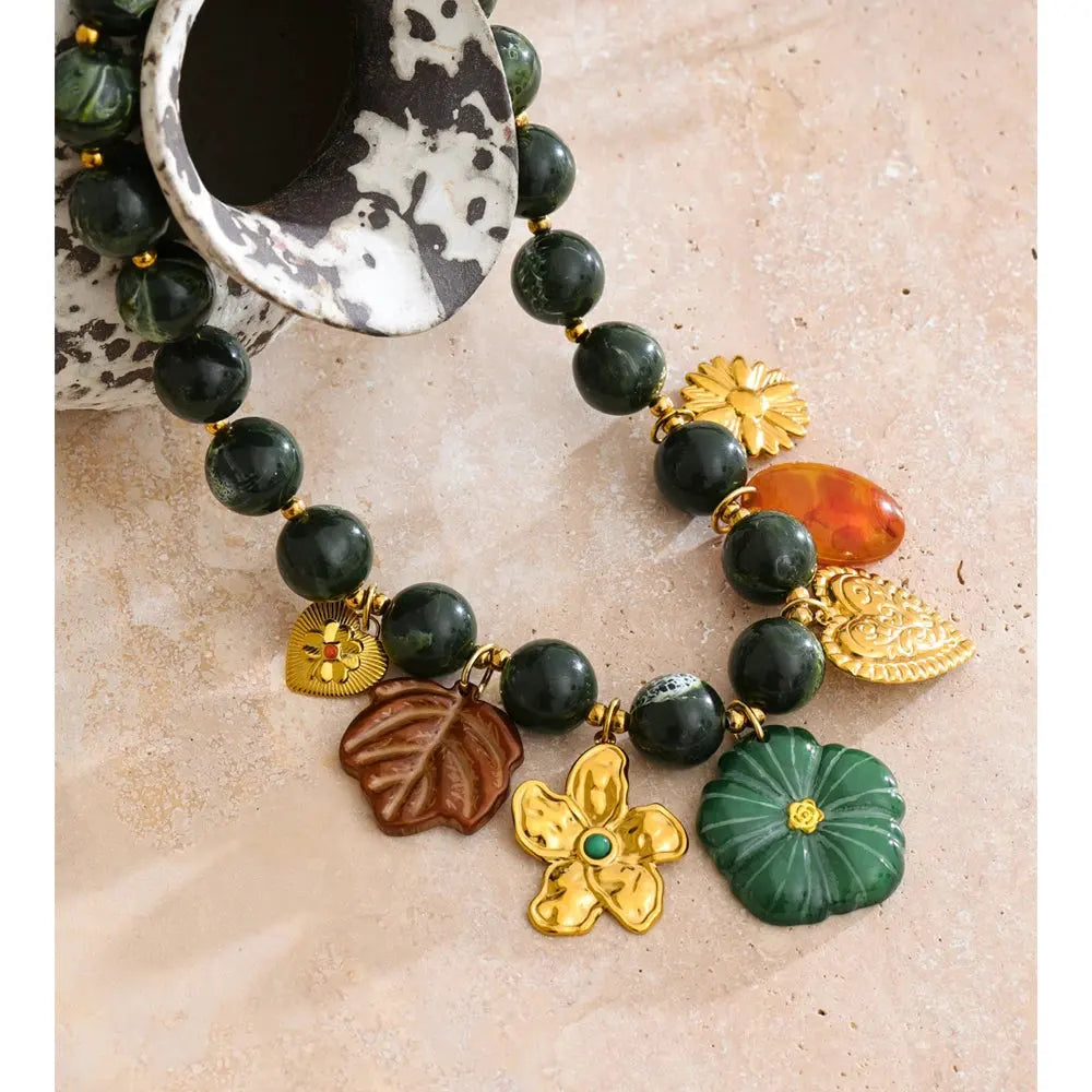 PoisedMe Stainless Steel Green Acrylic Beads Chain Handmade Jewelry Leaf Flower Heart Drop Charm Necklace 2025 Arrivals Popular -