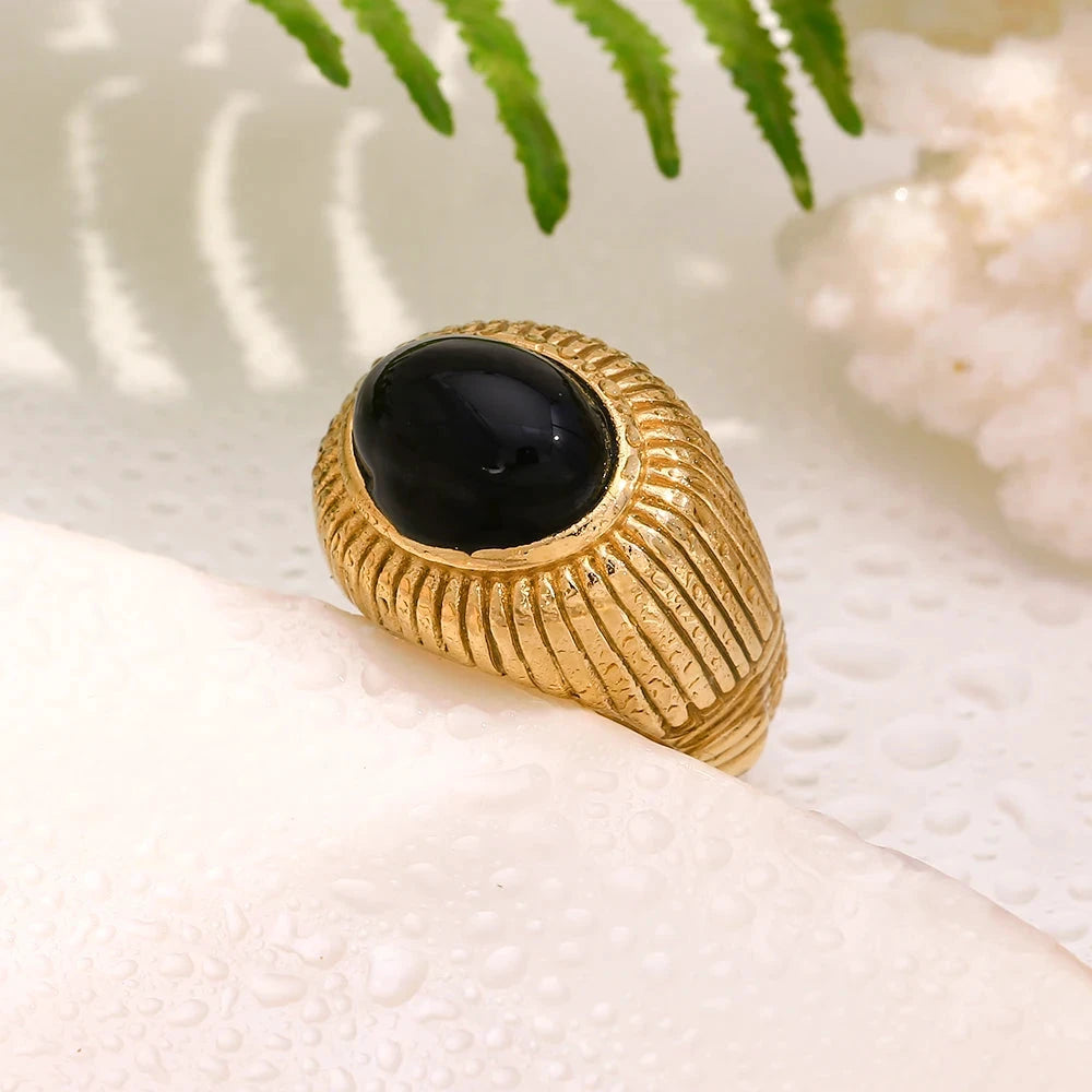 Vintage Oval Black Agate Stripes Rings Stainless Steel 18K Gold Plated Ring Woman Jewelry Women Finger Decoration by PoisedMe