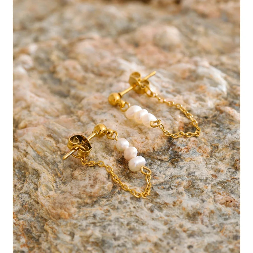 PoisedMe Yhpup 2025 Stainless Steel Natural Pearls Chain Tassel Drop Dangle Earrings for Women Popular Fashion Daily Korean Jewelry -