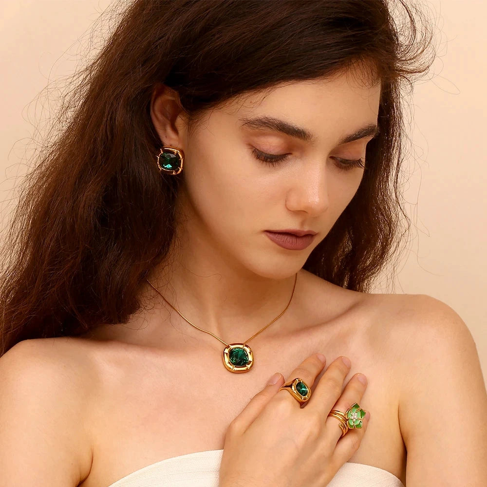 Rounded Square 18K Gold Plated Stainless Steel Zircon Necklace Earring Ring Women's Fashionable Waterproof Jewelry by PoisedMe