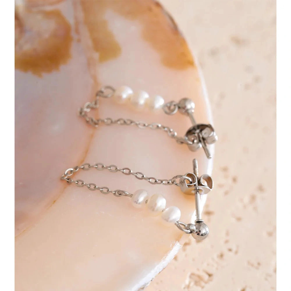 PoisedMe Yhpup 2025 Stainless Steel Natural Pearls Chain Tassel Drop Dangle Earrings for Women Popular Fashion Daily Korean Jewelry -