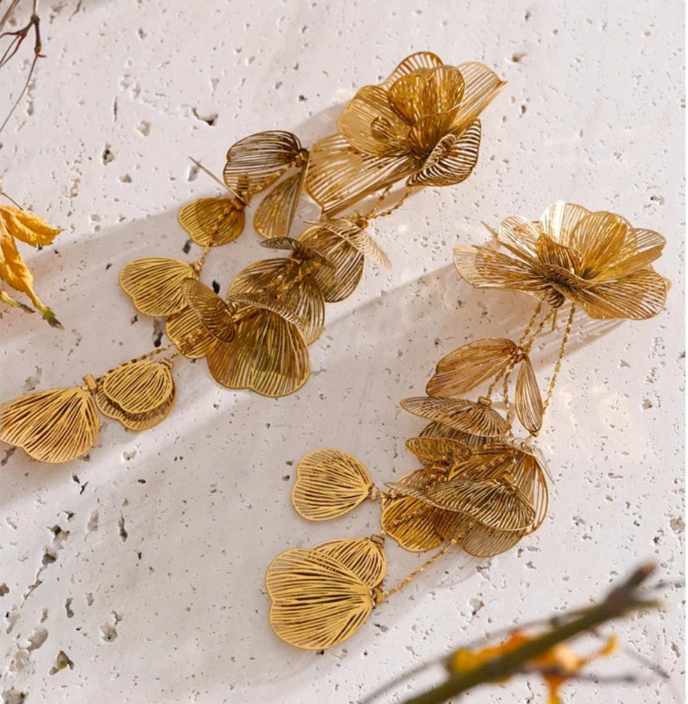 Stainless Steel Big Flower Tassel Drop Dangle Exaggerated Earrings Metal Fashion Eye-Catching Party Jewelry Hypoallergenic by PoisedMe