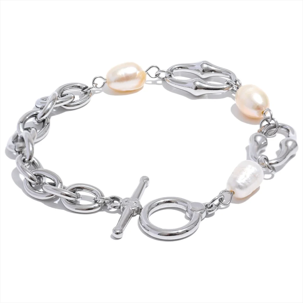 316l Stainless Steel Natural Pearl Chain Toggle-Clasps Bracelet Bangle for Women Elegant Fashion Jewelry Bijoux Waterproof by PoisedMe