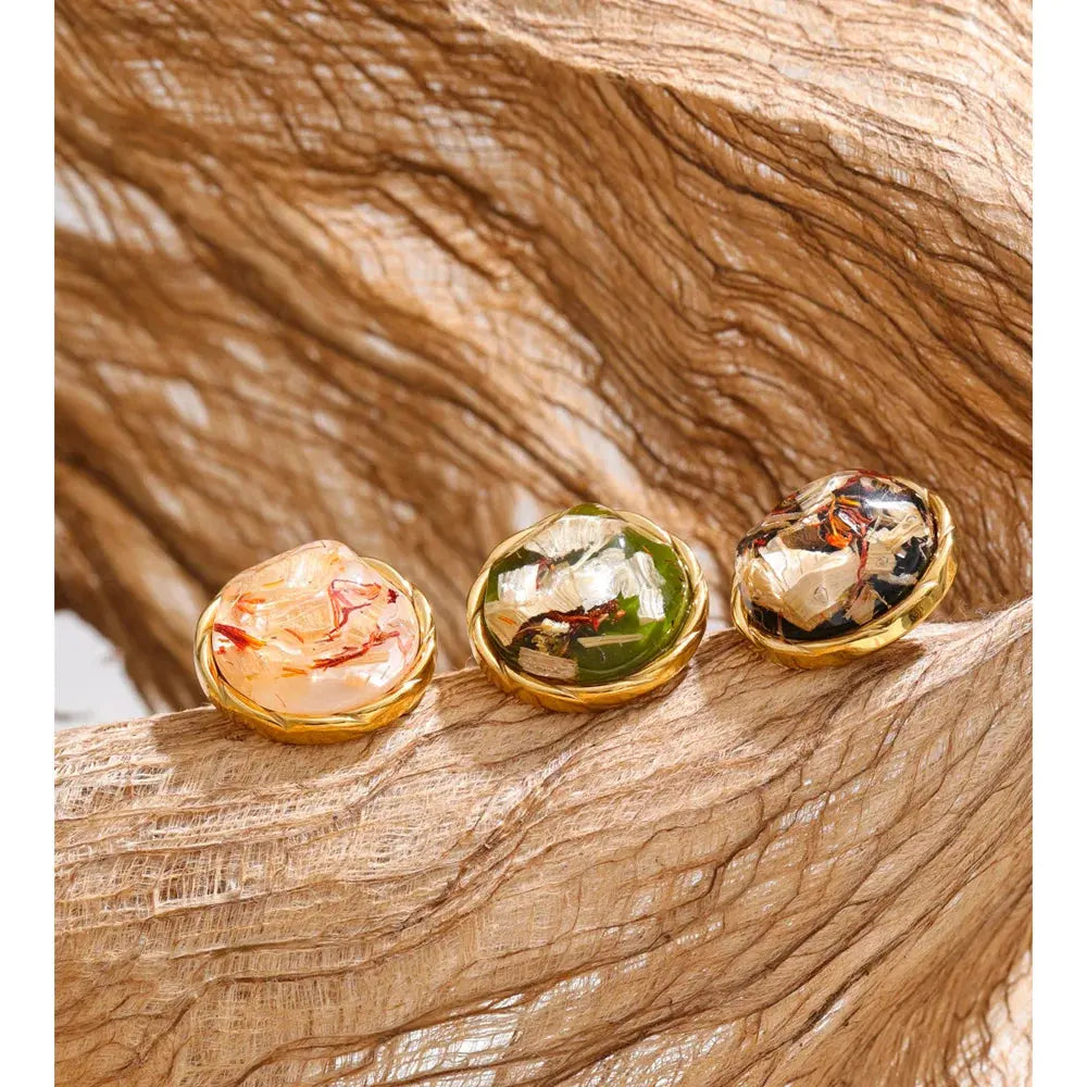 PoisedMe 3 Color Stainless Steel Resin Round Stud Earrings Golden PVD Waterproof Plated Fashion Daily Korean Jewelry Earrings -