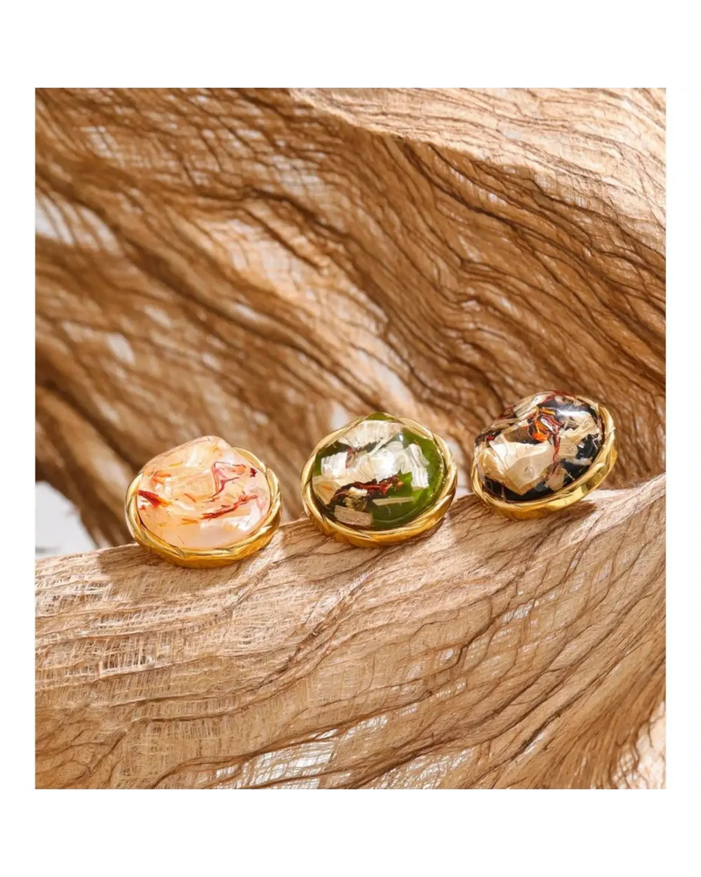 Resin Round Stud Earrings 18K Gold PVD Plated Stainless Steel Waterproof by Poised Me Jewelry Studio
