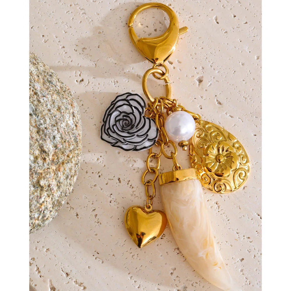 Fashion Resin Flower Heart Horn Chain Pendant Key Chain for Women Stainless Steel Lanyard Key Ring Bag Accessories by PoisedMe