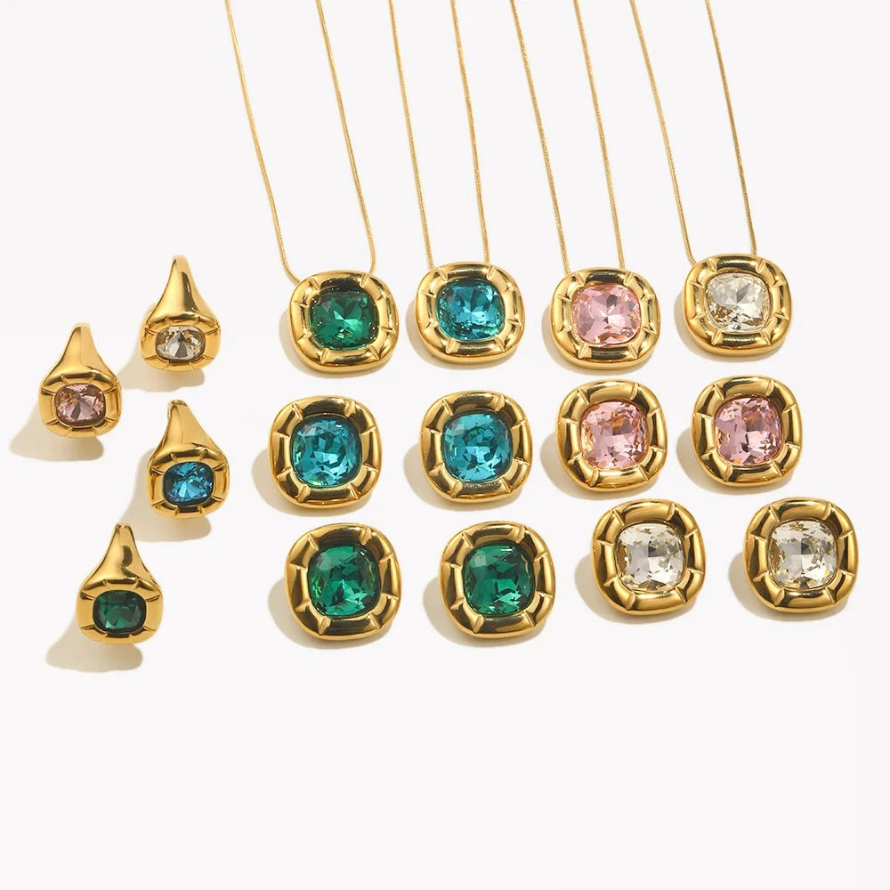 E.B.belle Round Square Flower Zircon Earrings Necklace Ring Tarnish Free Stainless Steel Women's Ring 18K Gold Plated Jewelry by PoisedMe