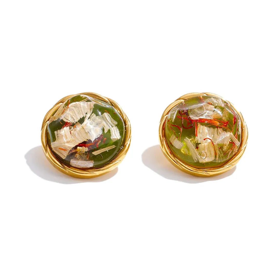 PoisedMe 3 Color Stainless Steel Resin Round Stud Earrings Golden PVD Waterproof Plated Fashion Daily Korean Jewelry Earrings -