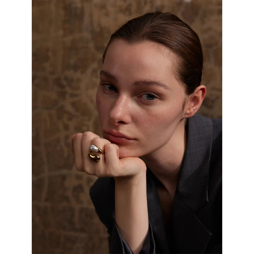 Fashion Imitation Pearl Water Drop Finger Ring Women 316L Stainless Steel Elegant Gold Platinum Plated Jewelry by PoisedMe