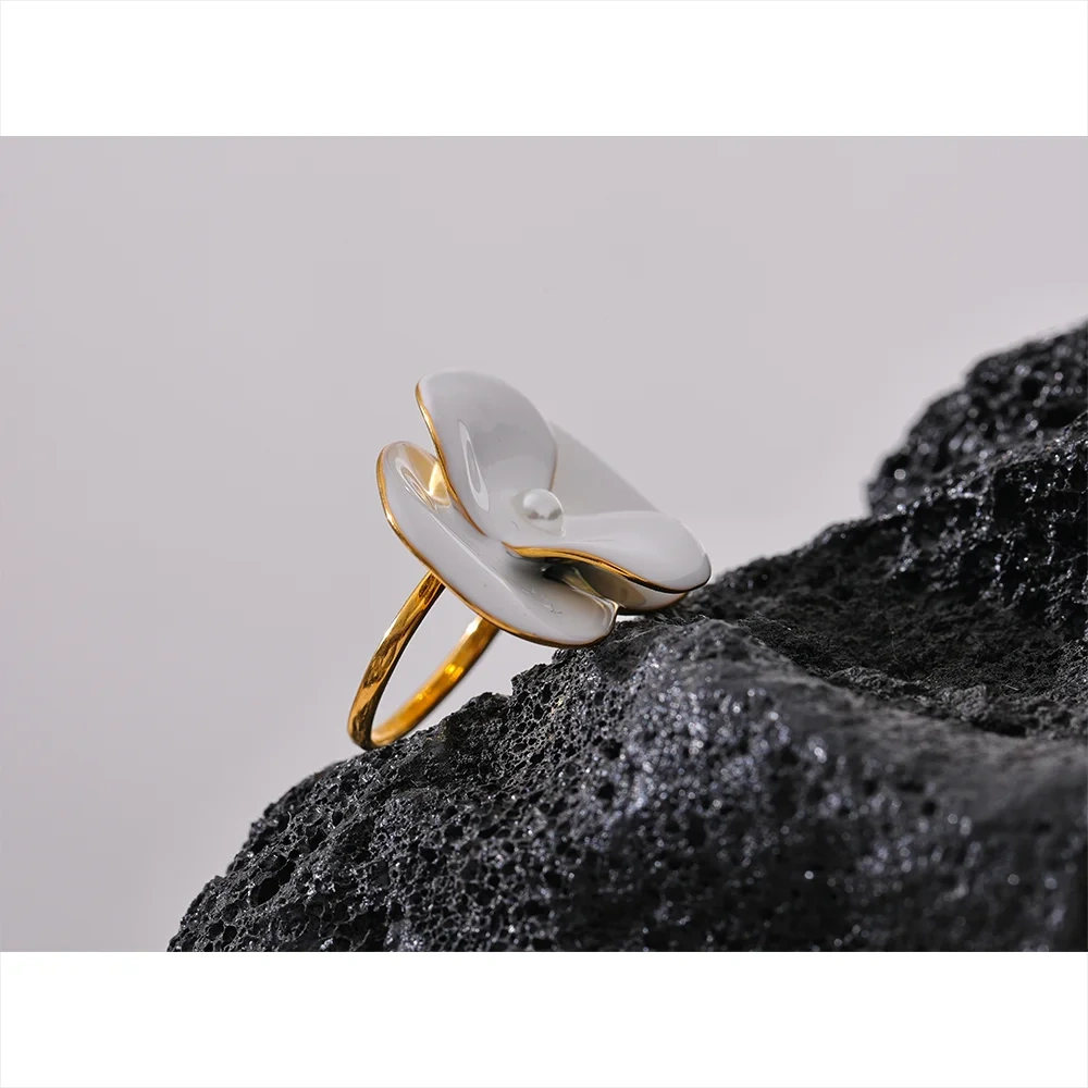 Exquisite White Enamel Flower Fashion Chic Adjustable Ring for Women Stainless Steel Waterproof Temperament Jewelry Gift by PoisedMe