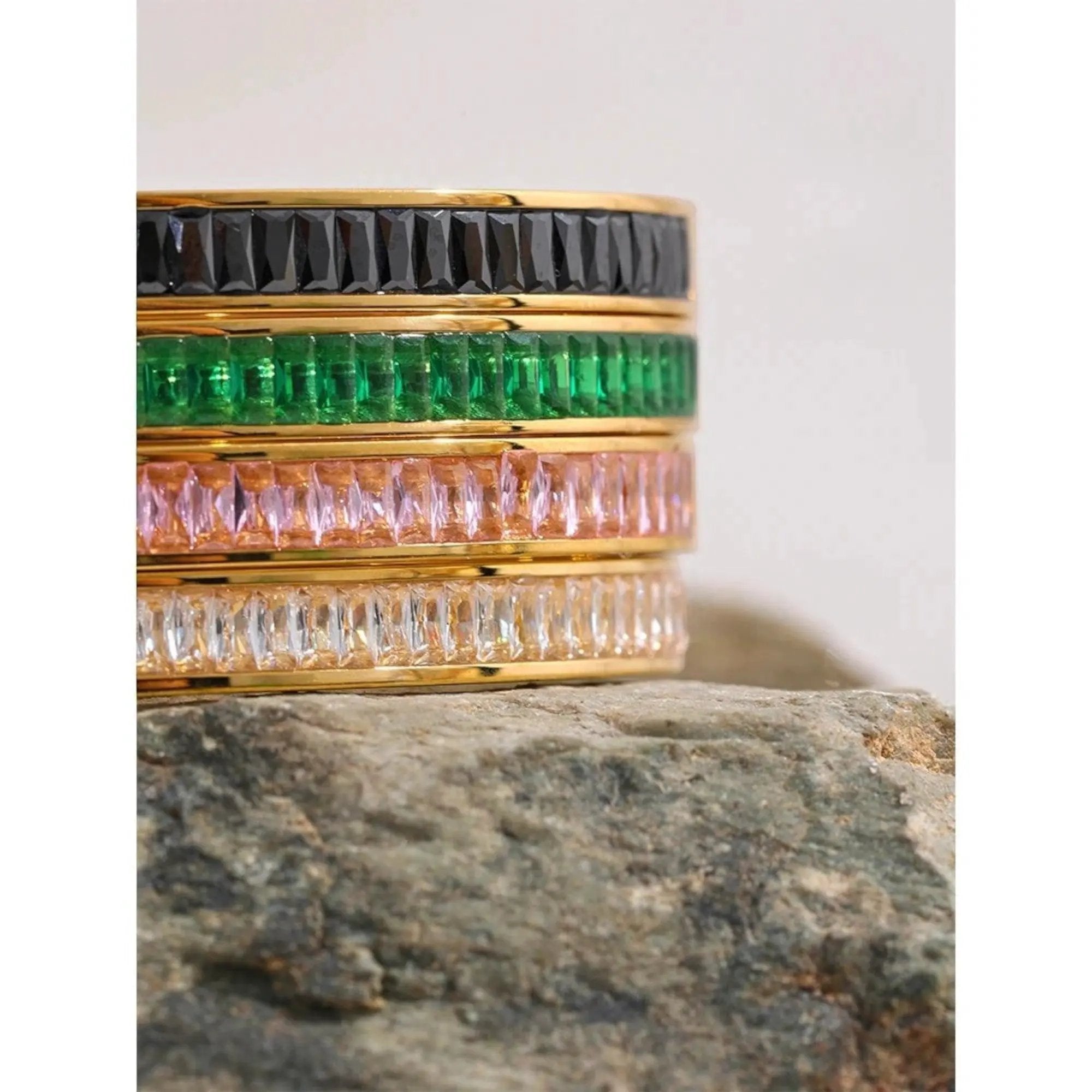PoisedMe Emerald Green Cubic Zirconia Bangle Bracelet For Women 18K Gold Plated Steel - Bracelets