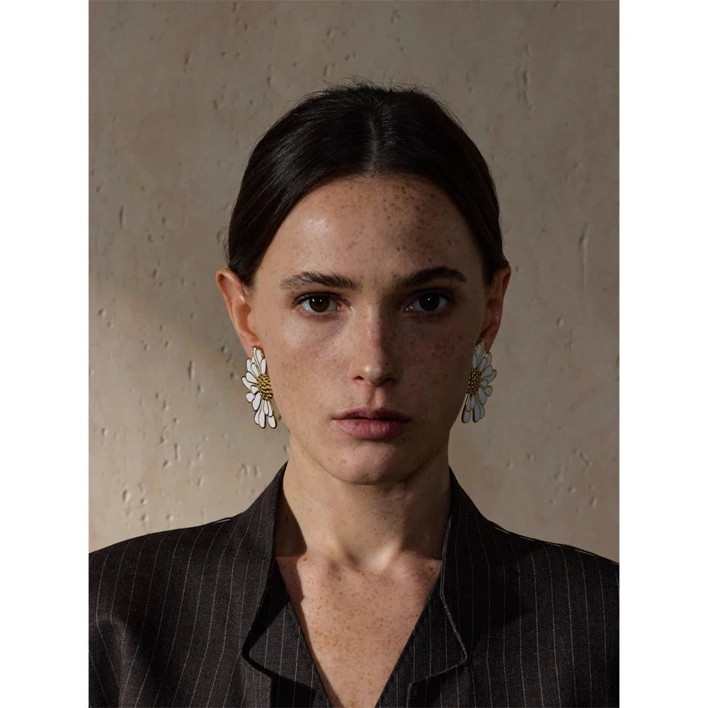 Big White Black Enamel Flower Statement Fashion Stud Earrings 18K Gold Color PVD Plated Stainless Steel Jewelry Gift by PoisedMe