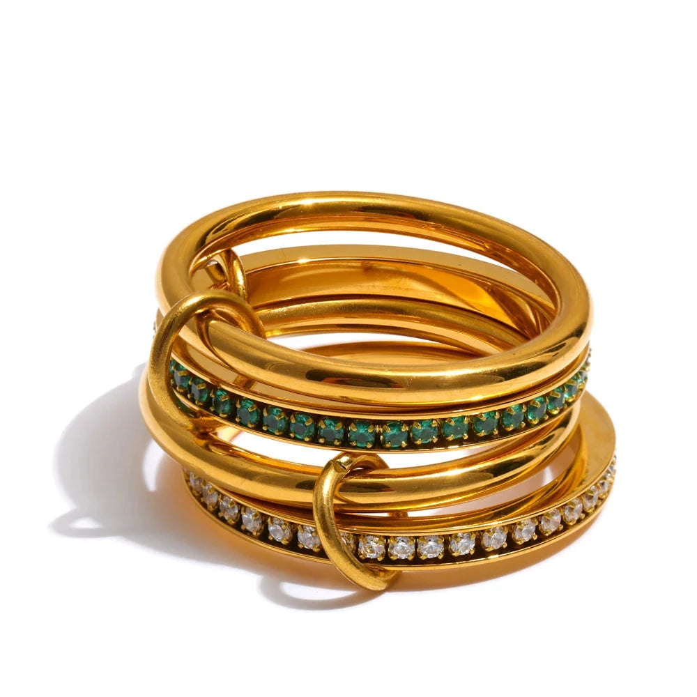 White & Green Zirconia 4-Layer Stacked Ring – 18K Gold PVD Plated Stainless Steel Modern Statement Jewelry by PoisedMe