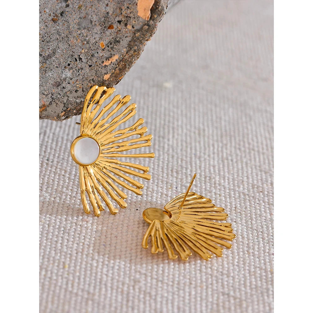 PoisedMe Yhpup Stainless Steel Charm Hyperbole Stud Earrings with Natural Shell Fashion Big Ear Jewelry Accessories Waterproof for Women -