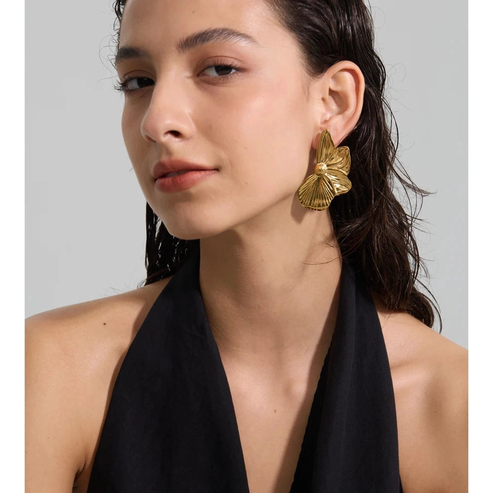 Stainless Steel Metal Petal Flower Stud Earrings 18K PVD Plated Versatile Daily Attractive Jewelry for Women Gift by PoisedMe