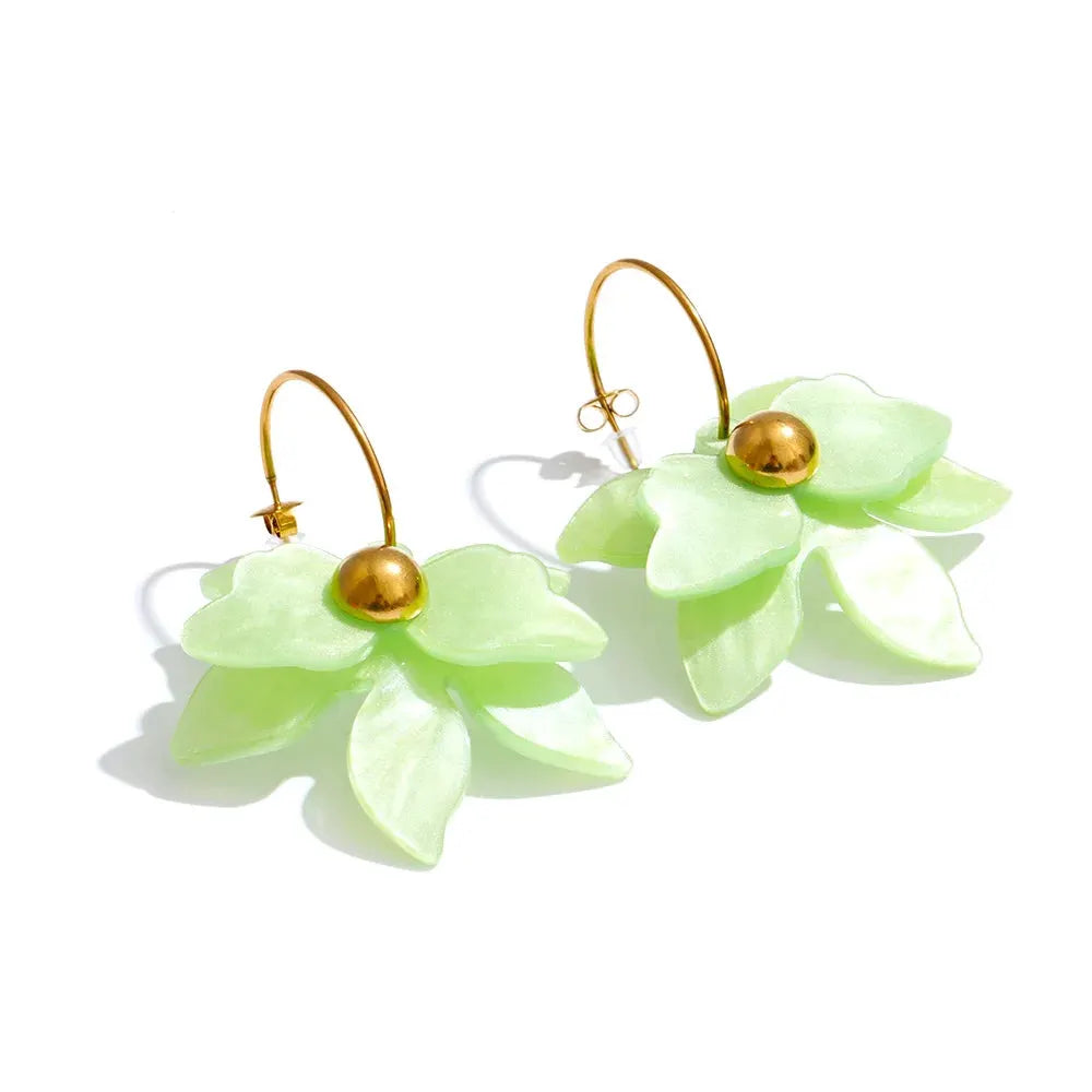 PoisedMe Mutil-color Acrylic Flower Petal Drop Earrings Stainless Steel Golden Young Charming Jewelry Waterproof -