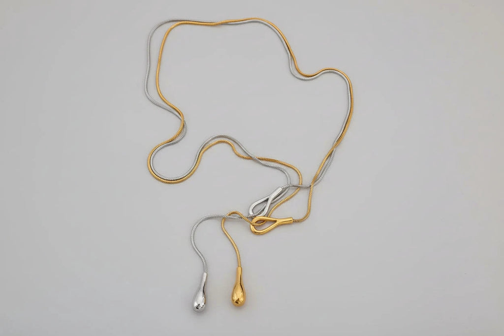18K Gold &amp; Silver Teardrop Necklace – Modern Lariat Chain Jewelry by PoisedMe