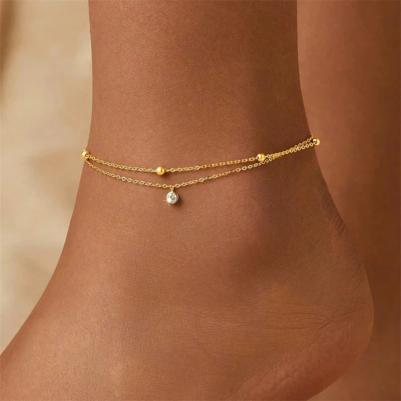 Kuziduocai 100% Stainless Steel New Fashion Jewelry 18K Gold-plated Minimalism 2-Layer Beading Zircon Charm Women Anklet Chain by PoisedMe