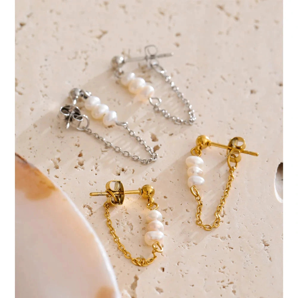 PoisedMe Yhpup 2025 Stainless Steel Natural Pearls Chain Tassel Drop Dangle Earrings for Women Popular Fashion Daily Korean Jewelry -