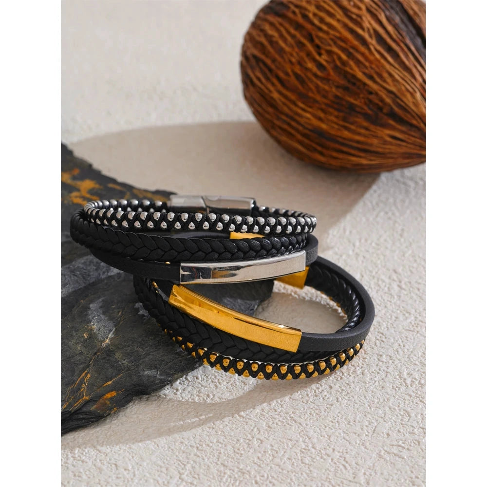 66mm Statement Black Leather Braided Double Layer Retro Bracelet Bangle for Men Stainless Steel Tarnish Resistant Jewelry by PoisedMe