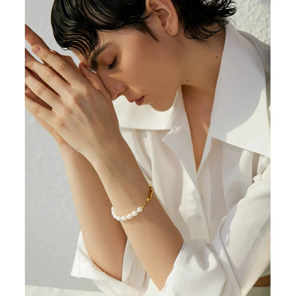 Luxury Natural Freshwater Pearls Stainless Steel 18k Gold Color Bracelet Bangle Temperament Fashion Jewelry Women New Gift by PoisedMe