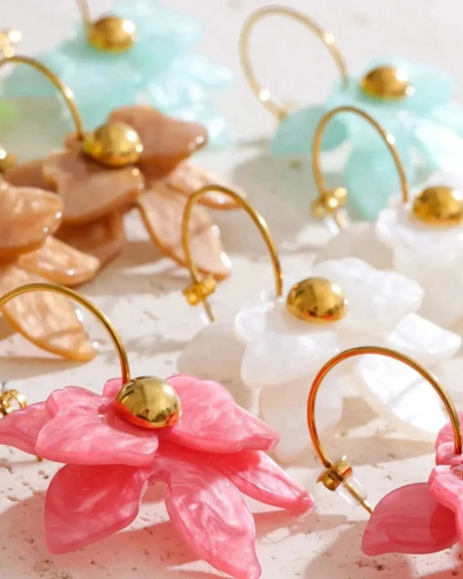 Multicolor Acrylic Flower Petal Drop 18k PVD Plated Stainless Steel Earrings Hooks by Poised Me Jewelry Studio