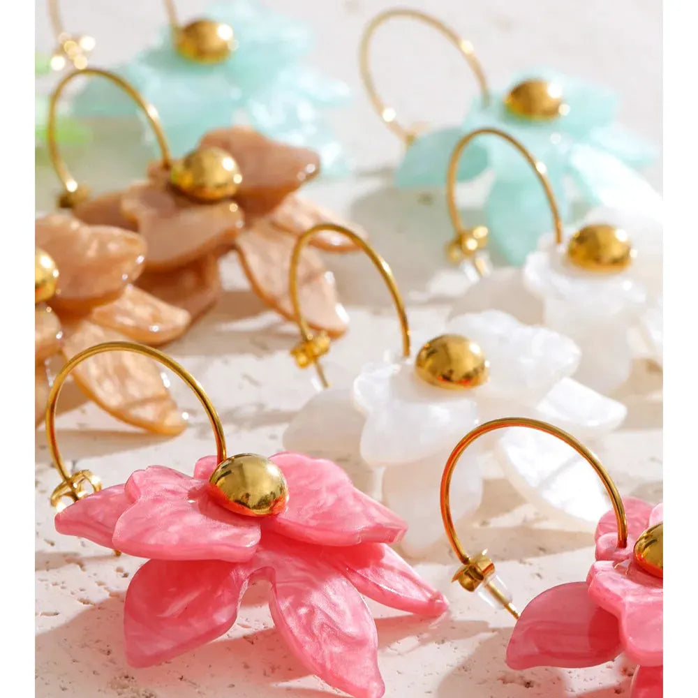 PoisedMe Mutil-color Acrylic Flower Petal Drop Earrings Stainless Steel Golden Young Charming Jewelry Waterproof -