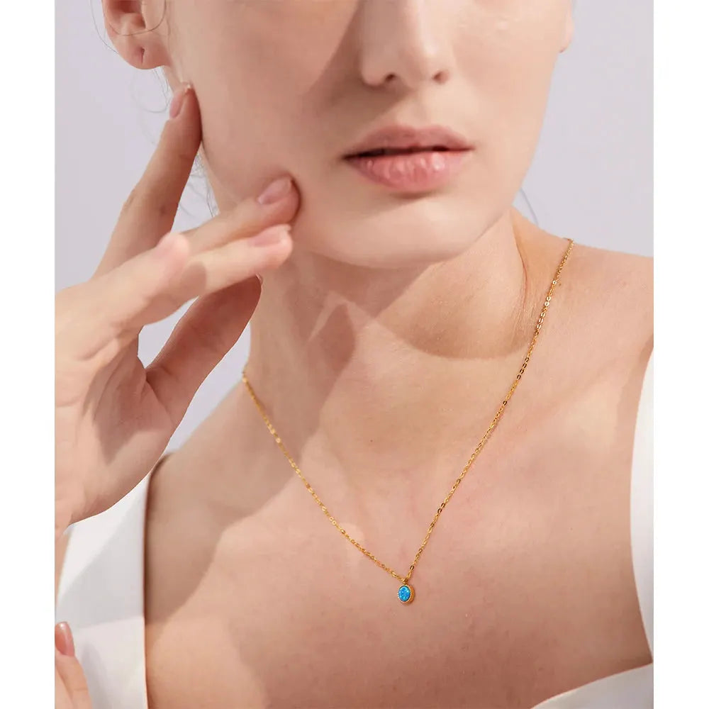 PoisedMe Charm Chic Blue Opal Natural Stone Small Pendant Stainless Steel Gold Color Necklace Waterproof Trendy Jewelry Women New -