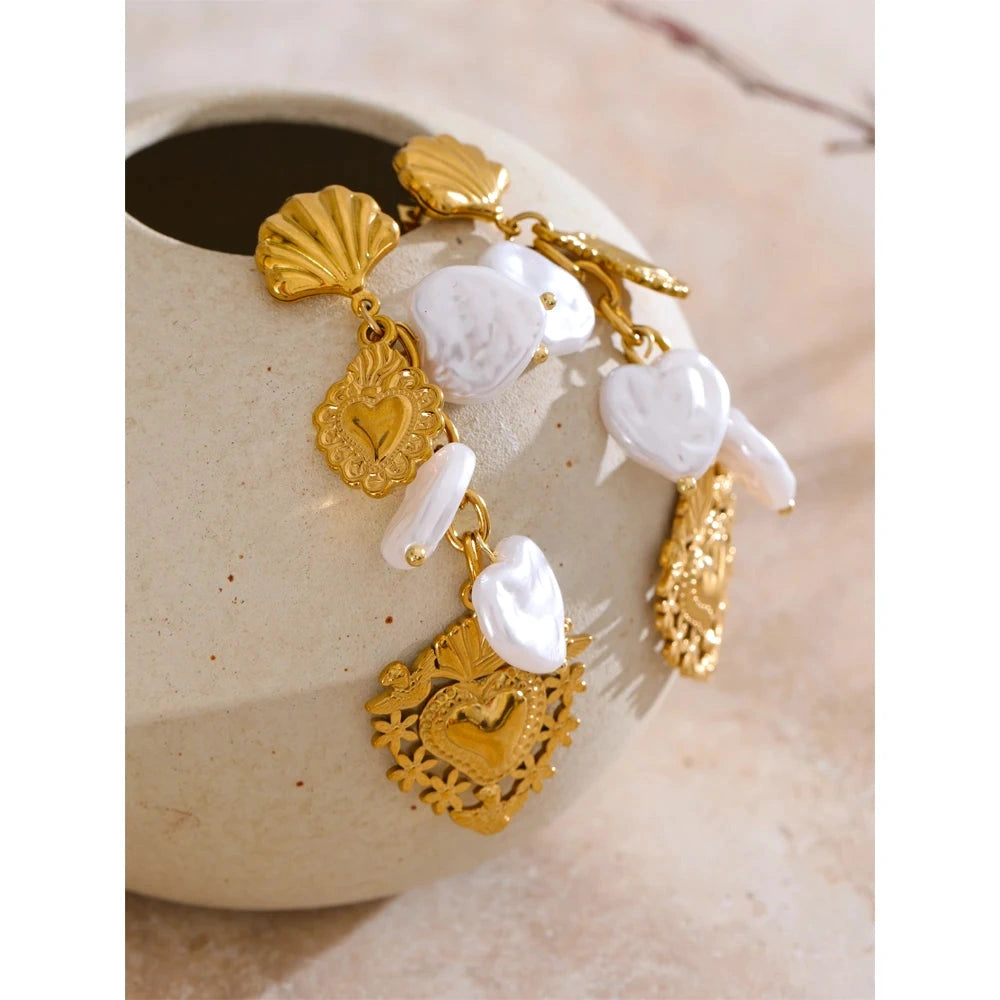 Baroque Imitation Pearls Heart Love Drop Dangle Manual Earrings Golden PVD Plated Stainless Steel Charm Statement Jewelry by PoisedMe