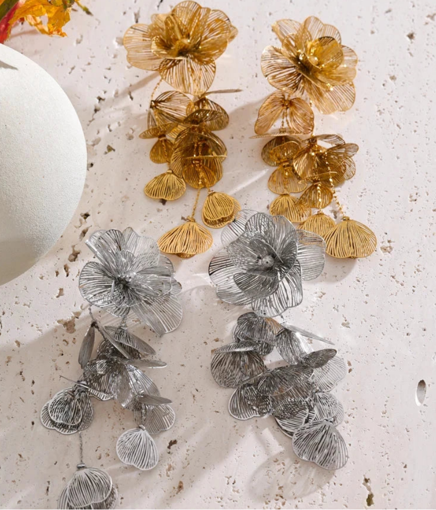 Stainless Steel Big Flower Tassel Drop Dangle Exaggerated Earrings Metal Fashion Eye-Catching Party Jewelry Hypoallergenic by PoisedMe