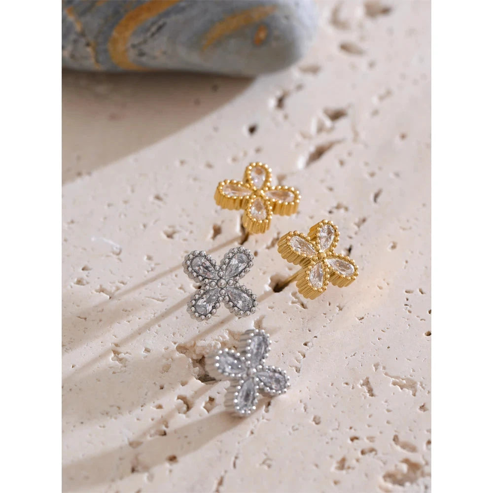 Bling Cubic Zirconia Flower Small Stud Earrings Waterproof Stainless Steel Cast Quality Versatile Daily Delicate Jewelry by PoisedMe