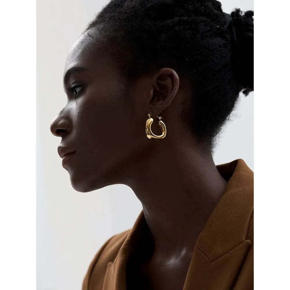 PoisedMe High Quality Stainless Steel Round Geometric Chunky Hoops Earrings for Women Charm Metal Simple Fashion Jewelry Waterproof -