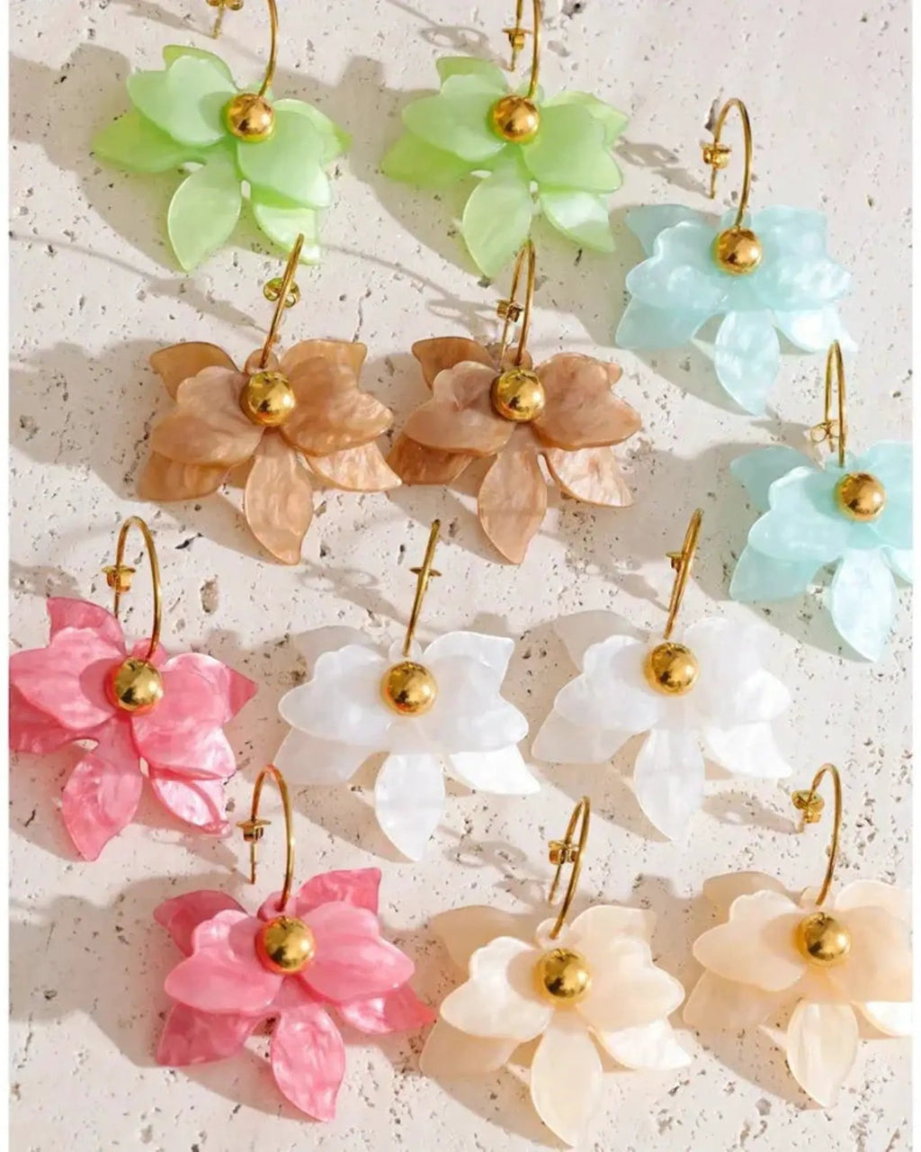 Multicolor Acrylic Flower Petal Drop 18k PVD Plated Stainless Steel Earrings Hooks by Poised Me Jewelry Studio