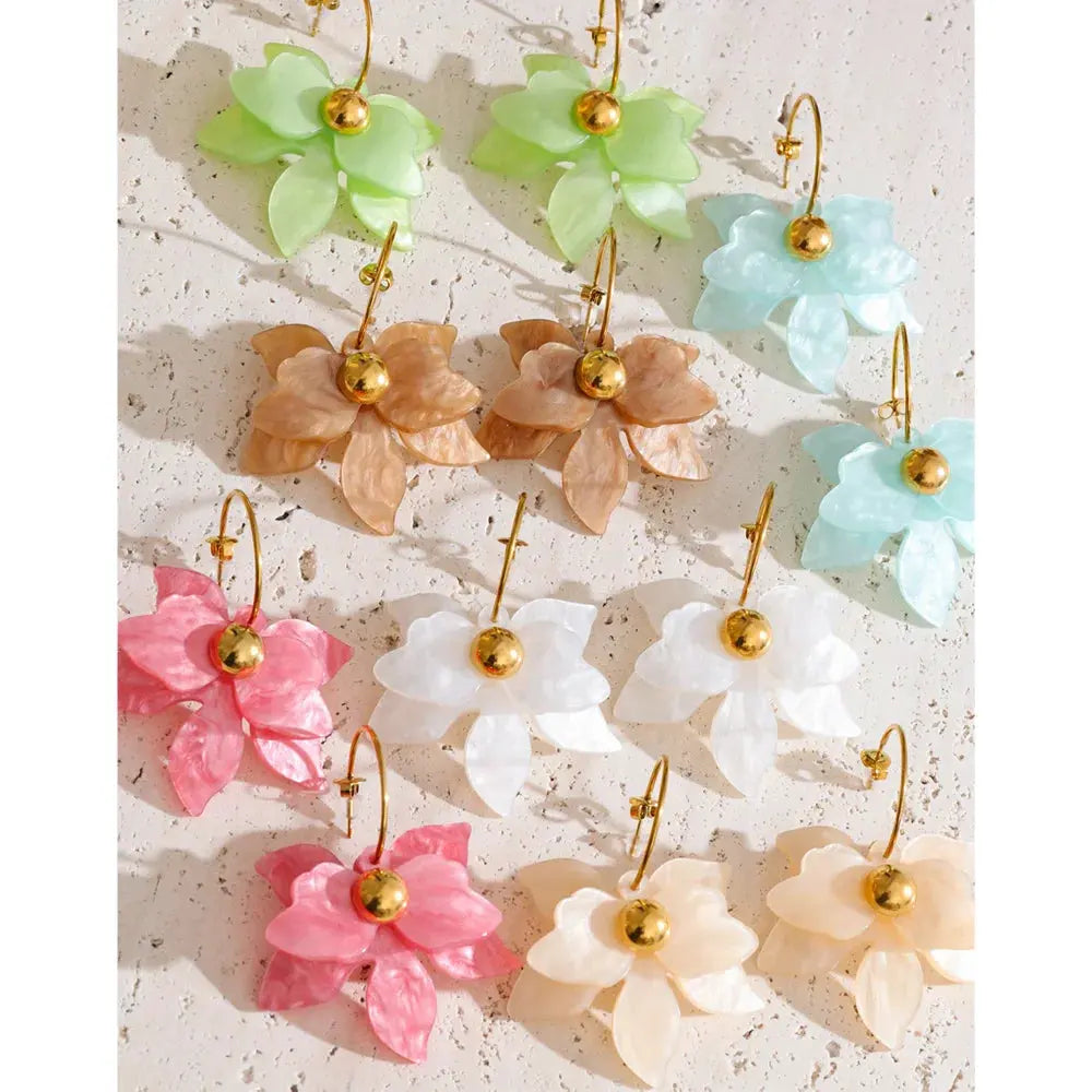 PoisedMe Mutil-color Acrylic Flower Petal Drop Earrings Stainless Steel Golden Young Charming Jewelry Waterproof -
