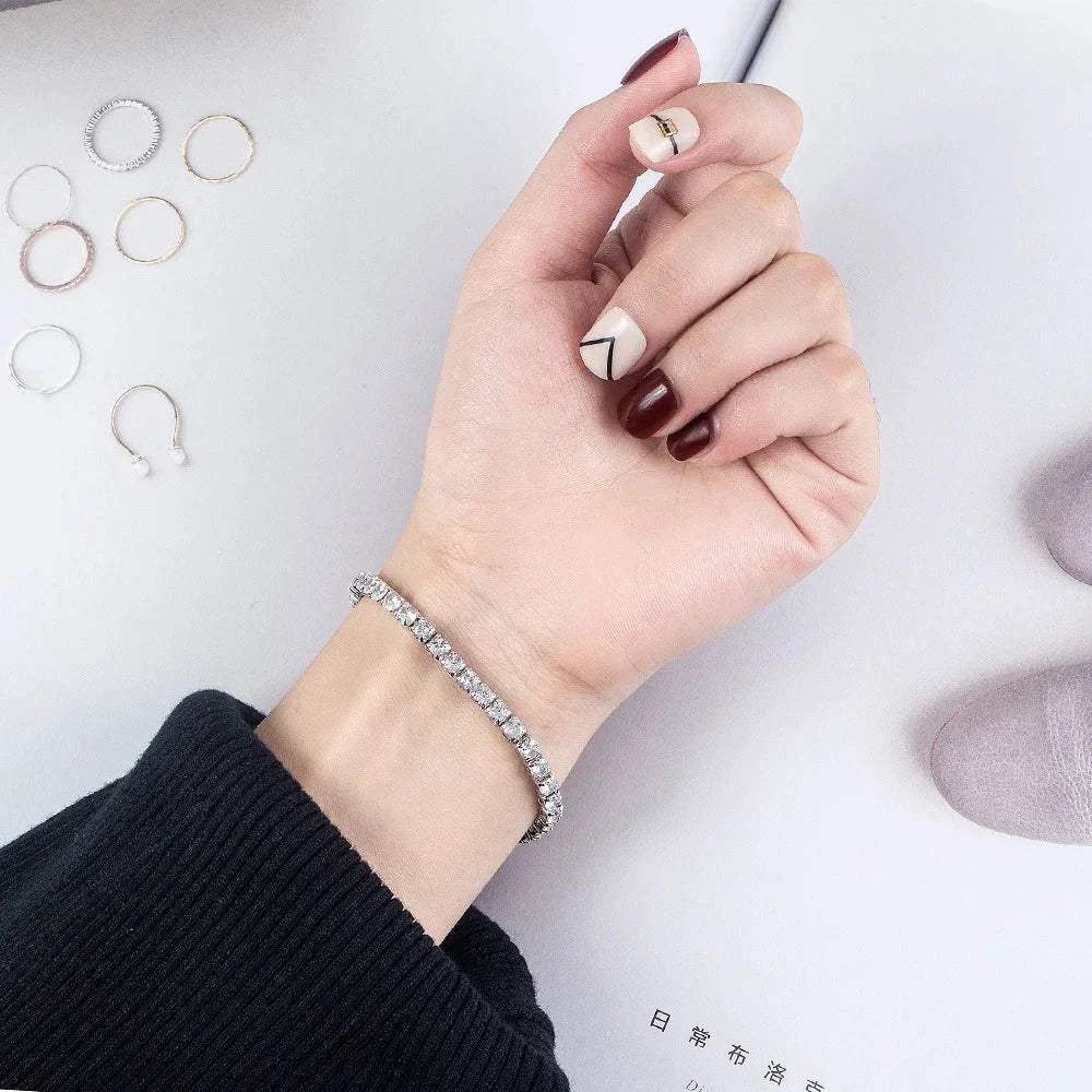 S925 Sterling Silver Bracelet Zirconia Tennis Ball Women Fashion Simple Engagement Wedding Charm Jewelry 4mm 16-20cm by PoisedMe