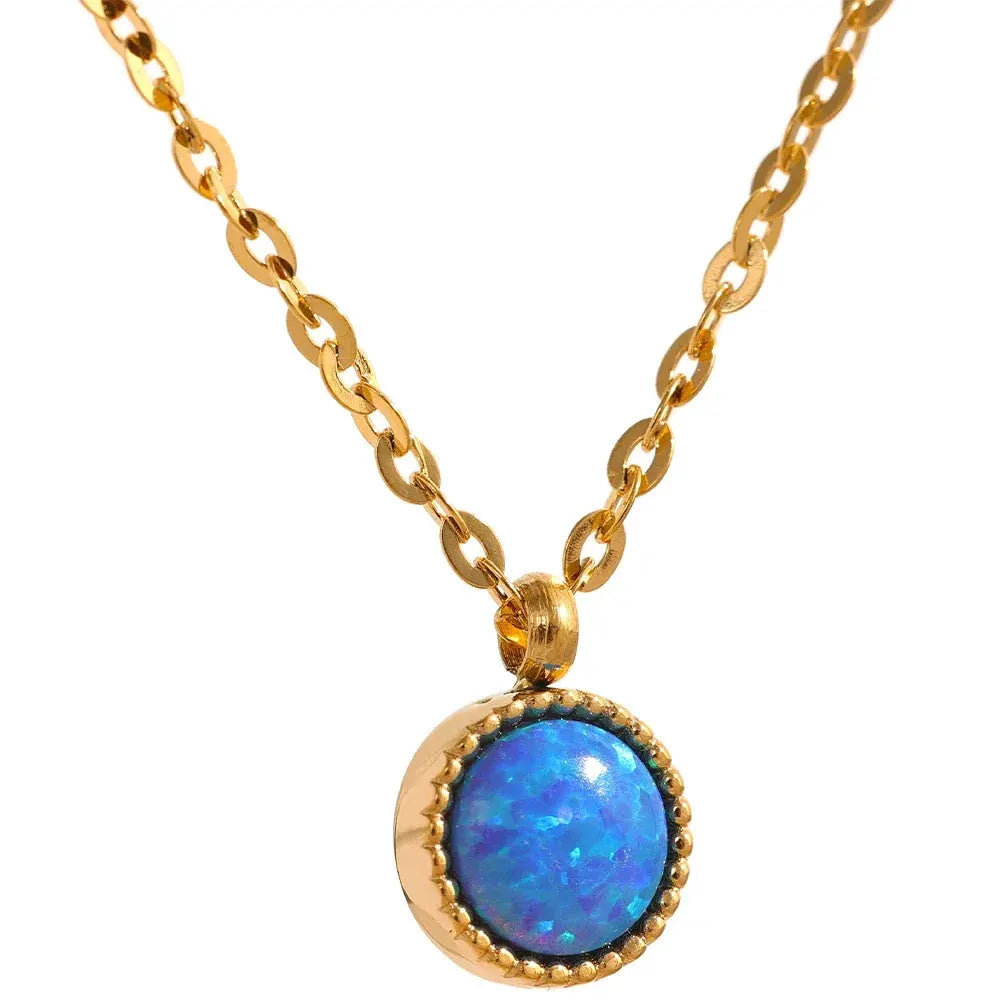 PoisedMe Charm Chic Blue Opal Natural Stone Small Pendant Stainless Steel Gold Color Necklace Waterproof Trendy Jewelry Women New -