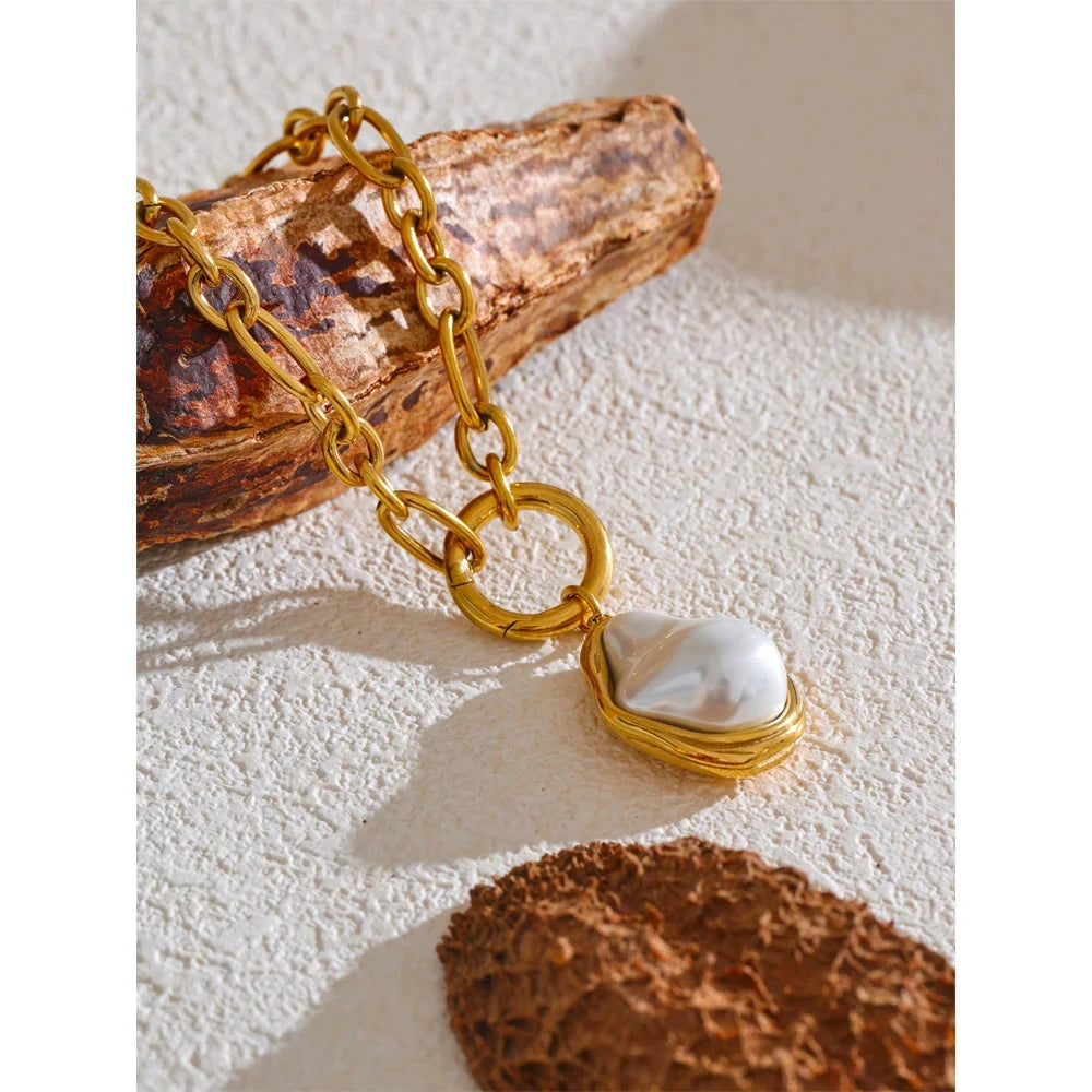 50CM Trendy Baroque Simulated Pearls Golden Pendant Necklace 18K PVD Plated Chain Stainless Steel Fashion Jewelry by PoisedMe