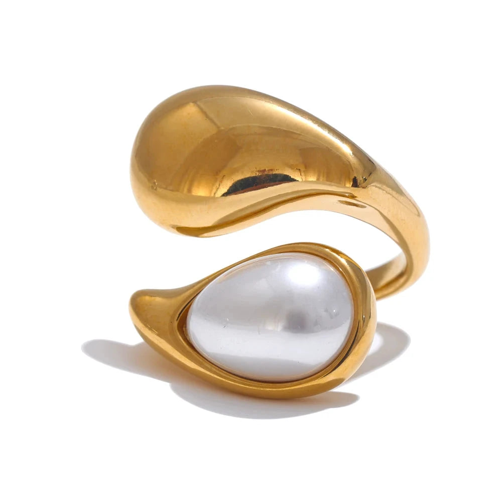 Fashion Imitation Pearl Water Drop Finger Ring Women 316L Stainless Steel Elegant Gold Platinum Plated Jewelry by PoisedMe