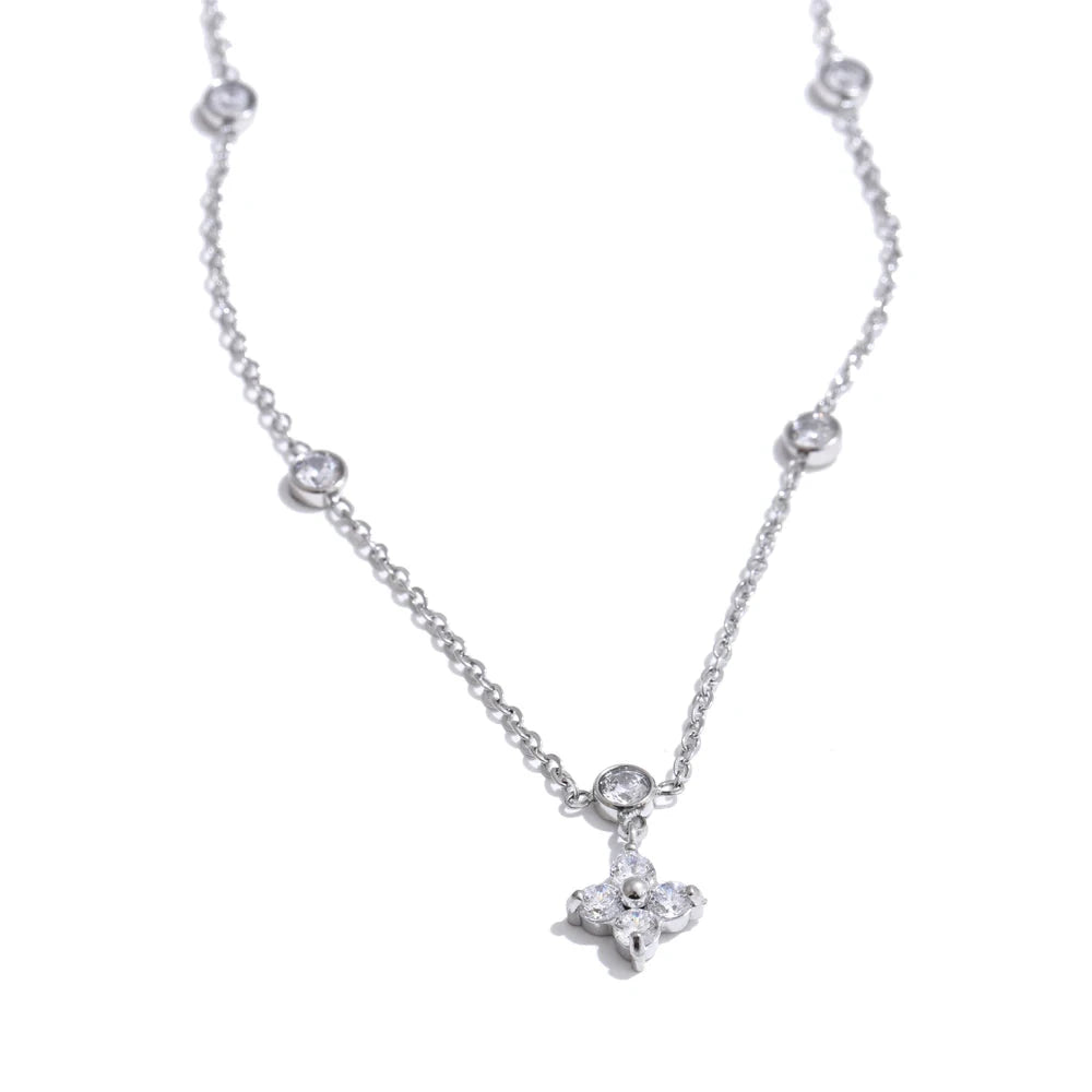 Cubic Zirconia Flower Pendant Necklace – 18K Gold or Silver-Plated Stainless Steel Delicate Chain Jewelry for Women by PoisedMe