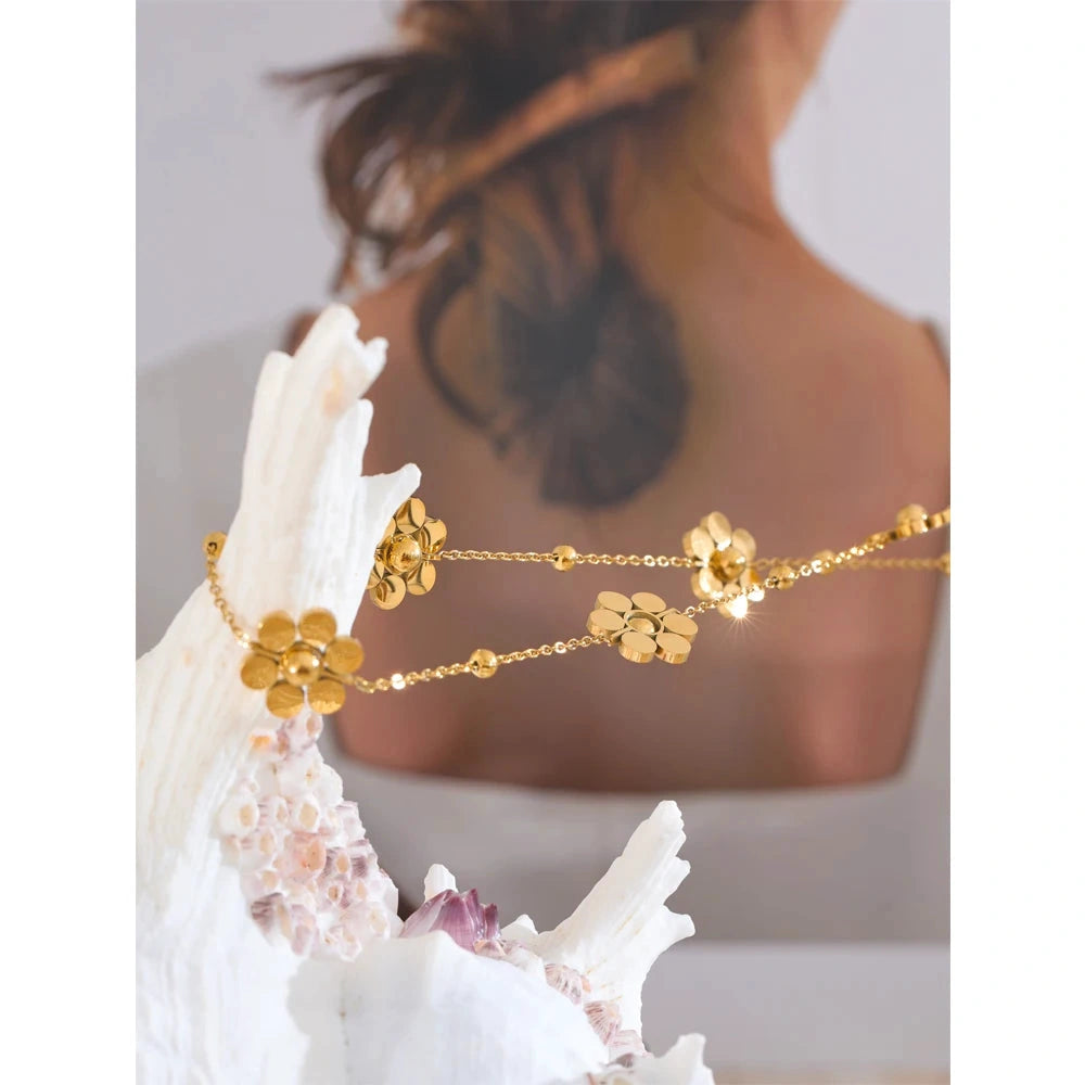 Stainless Steel Flower Chain Fashion Necklace PVD Plated Golden Waterproof Polished High Quality Jewelry for Women by PoisedMe