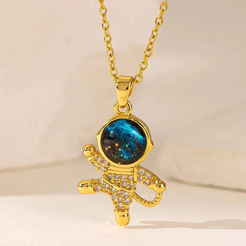 Gold Space Pendant Necklace – Astronaut, Moon &amp; Star Celestial Jewelry by PoisedMe
