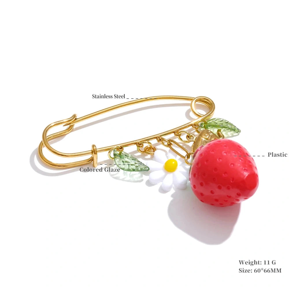 1Pcs Fashion Plastic Strawberry Fruit Heart Flower Shell Drop Charm Clasp Pin 18K Golden Plated Stainless Steel Jewelry by PoisedMe
