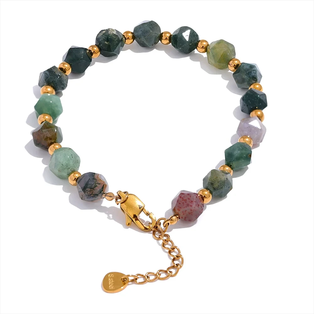 Indian Agate Natural Stone Beads Chain women Men Bracelet Bangle Stainless Steel Wrist Handmade Summer Jewelry Waterproof by PoisedMe