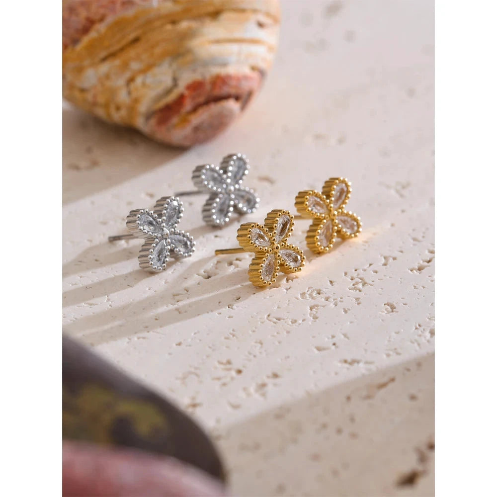 Bling Cubic Zirconia Flower Small Stud Earrings Waterproof Stainless Steel Cast Quality Versatile Daily Delicate Jewelry by PoisedMe