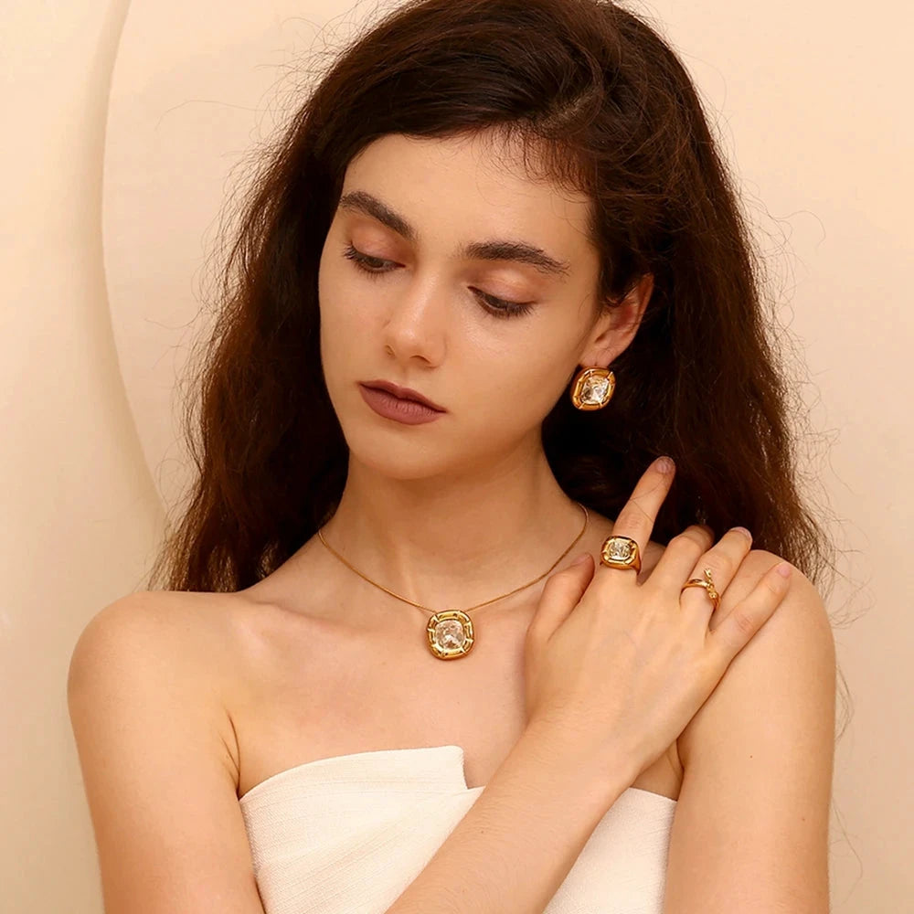 Rounded Square 18K Gold Plated Stainless Steel Zircon Necklace Earring Ring Women's Fashionable Waterproof Jewelry by PoisedMe